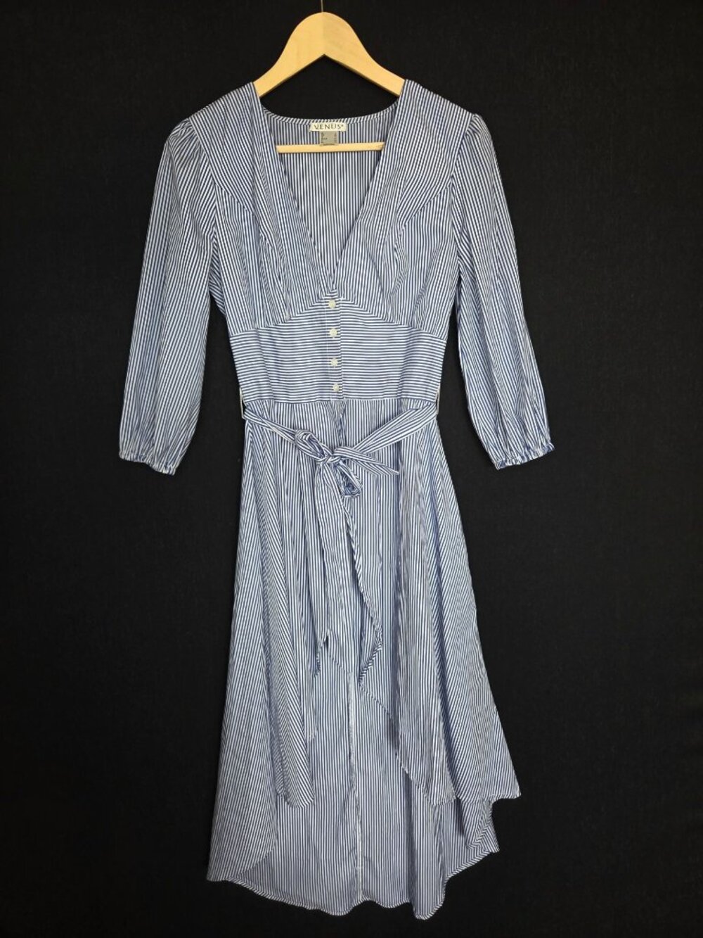 💙 Venus Blue White Pinstripe Maxi Asymmetrical Dress Size 6 Belted Button Front